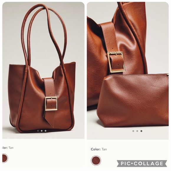 Anthropologie Handbags - NWT new Anthropologie slouchy buckle tote bag faux leather tan brown + pouch
